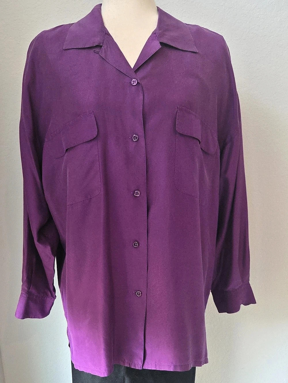Vintage 90s bonjour Silk Button Down Shirt  Beautiful Purple Flowy Top Large